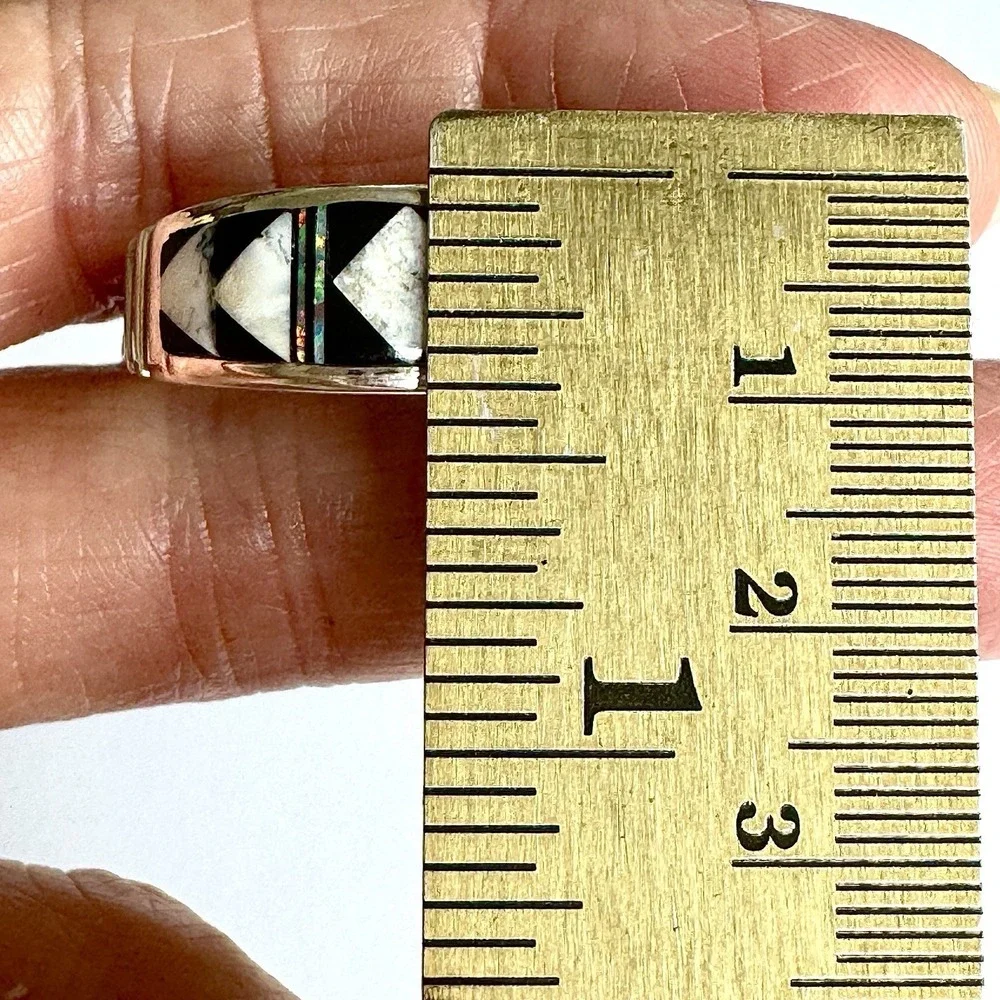 Navajo‎ Inlay Wedding Band Ring Sz 13 Opal White Buffalo 9mm Mens Signed Tolino